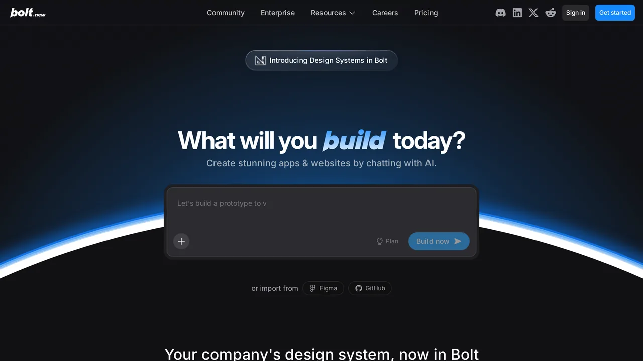Bolt.new homepage, April 2026