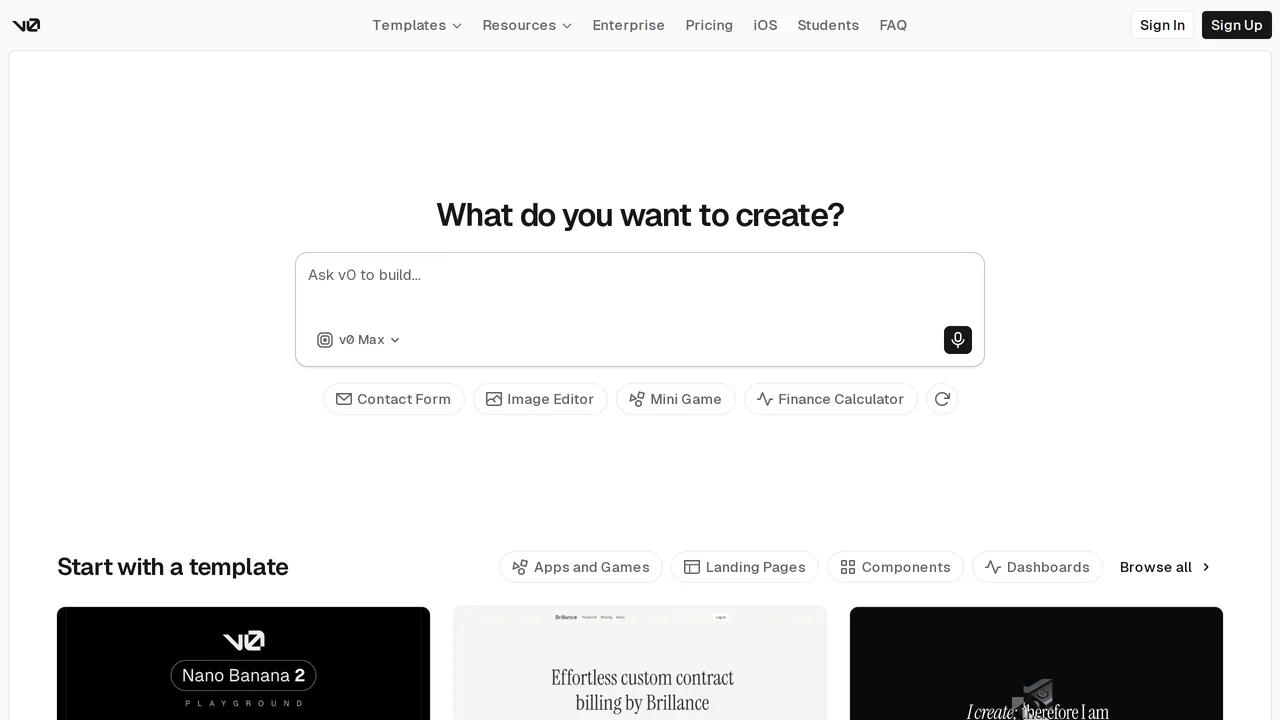 v0 homepage, April 2026
