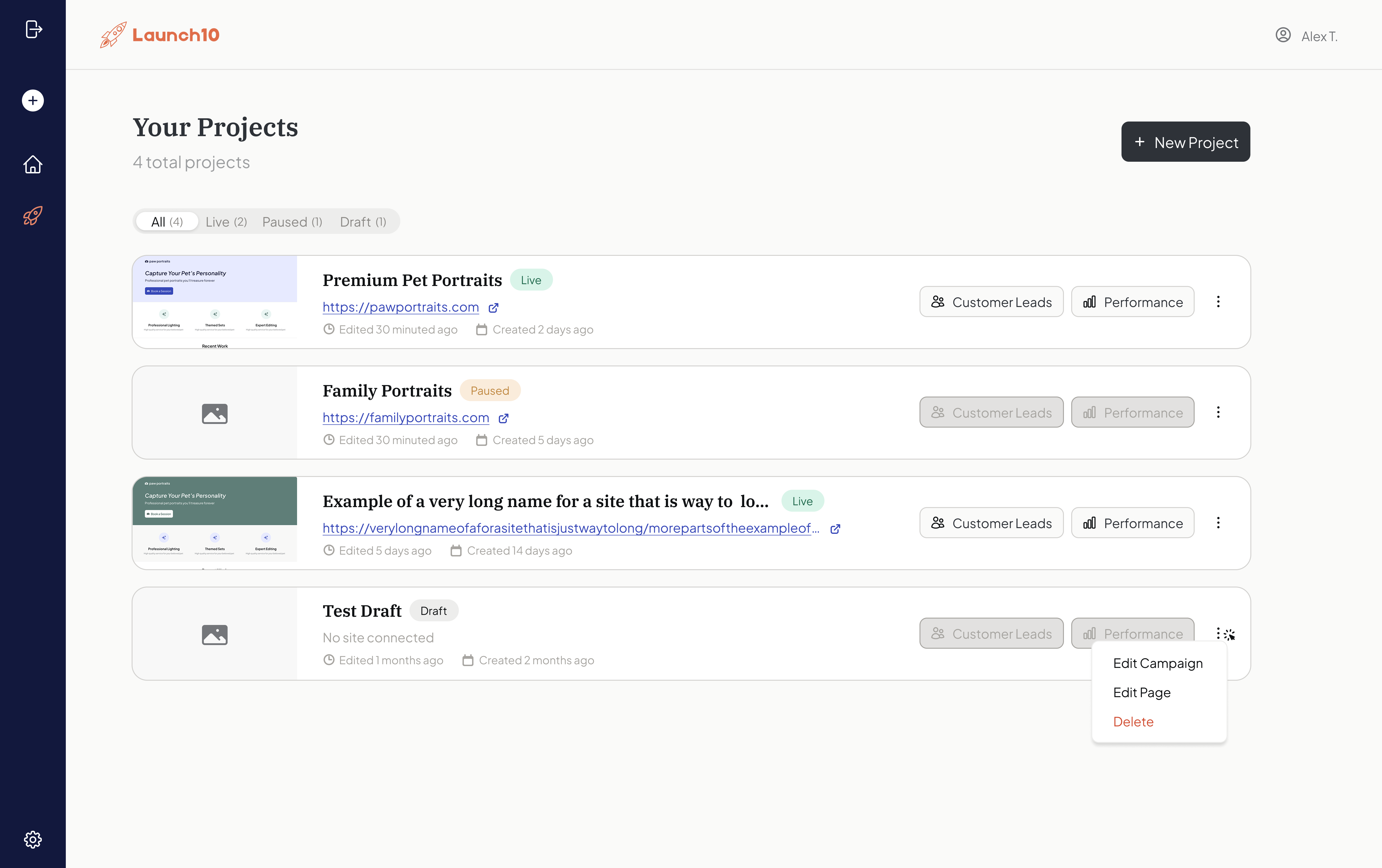 Launch10 projects list view showing multiple campaigns with Live, Paused, and Draft statuses and performance controls
