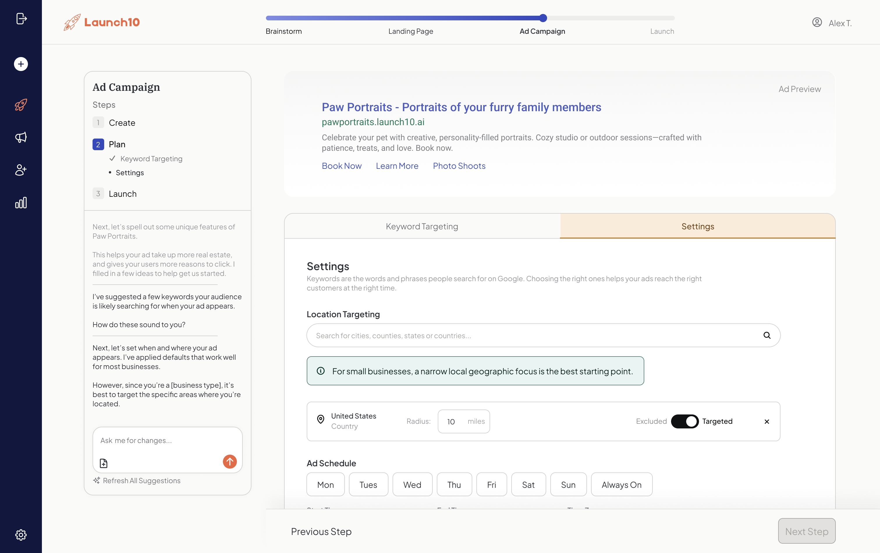 Location targeting and ad schedule settings showing geographic radius targeting and day-of-week campaign scheduling