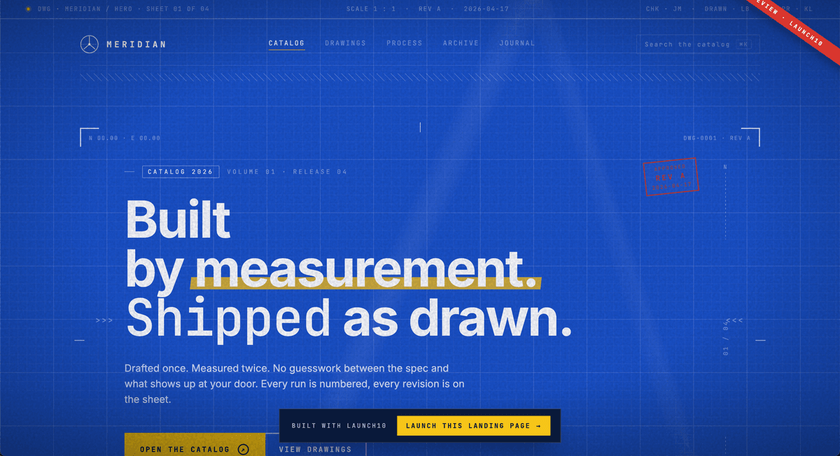 HVAC Google Ads landing page example with a bold headline "Built by measurement. Shipped as drawn" and a prominent above-the-fold call-to-action — a focused, single-purpose service landing page built to convert paid search traffic