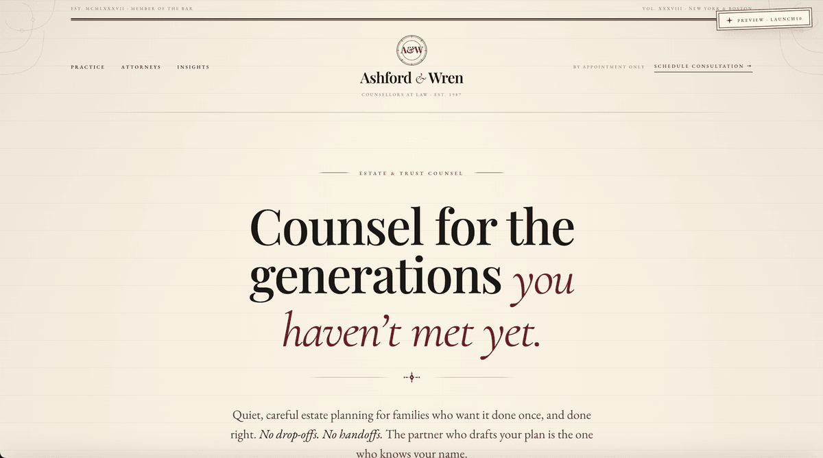 Estate planning law firm Google Ads landing page example with an elegant serif headline "Counsel for the generations you haven't met yet" and a single "Schedule Consultation" call-to-action — the kind of single-purpose, single-CTA page that converts legal ad traffic