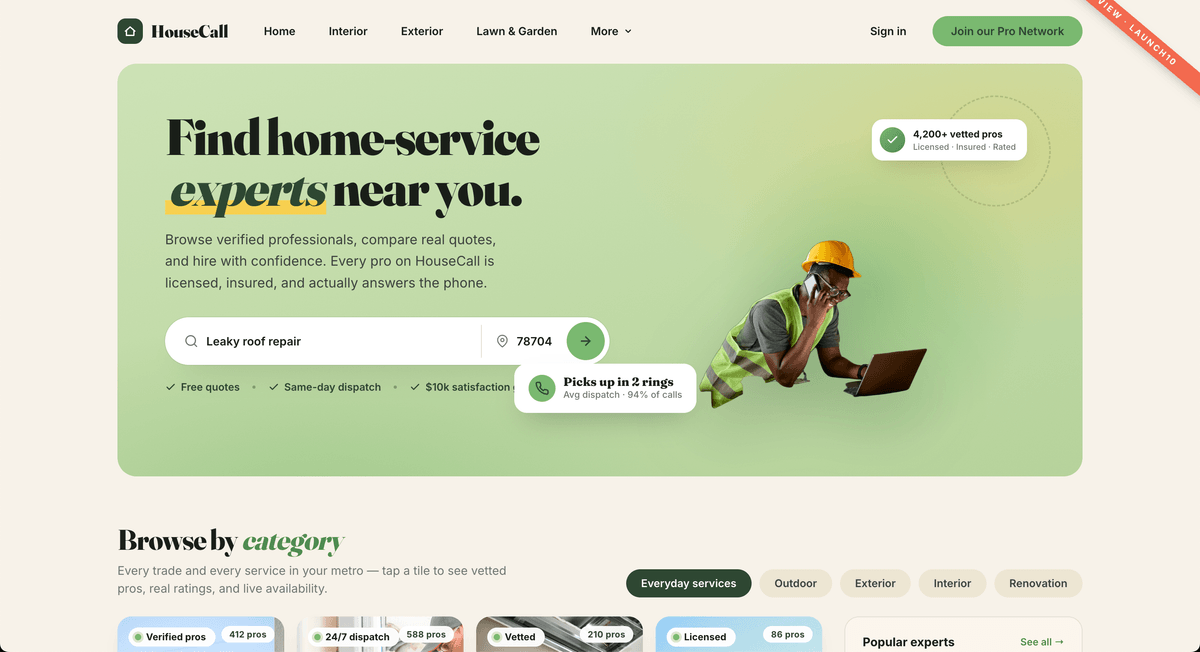 Roofing Google Ads landing page example with a "Leaky roof repair" service search bar, ZIP-code targeting, same-day dispatch trust signals, and verified-pro reviews — the kind of focused roofing landing page that outperforms homepage traffic for paid search