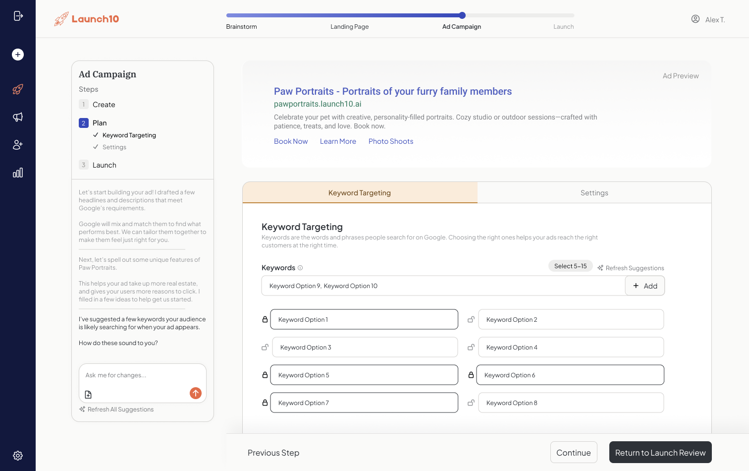 Launch10 keyword targeting panel showing a grid of keyword options with add and edit controls for ad campaign setup