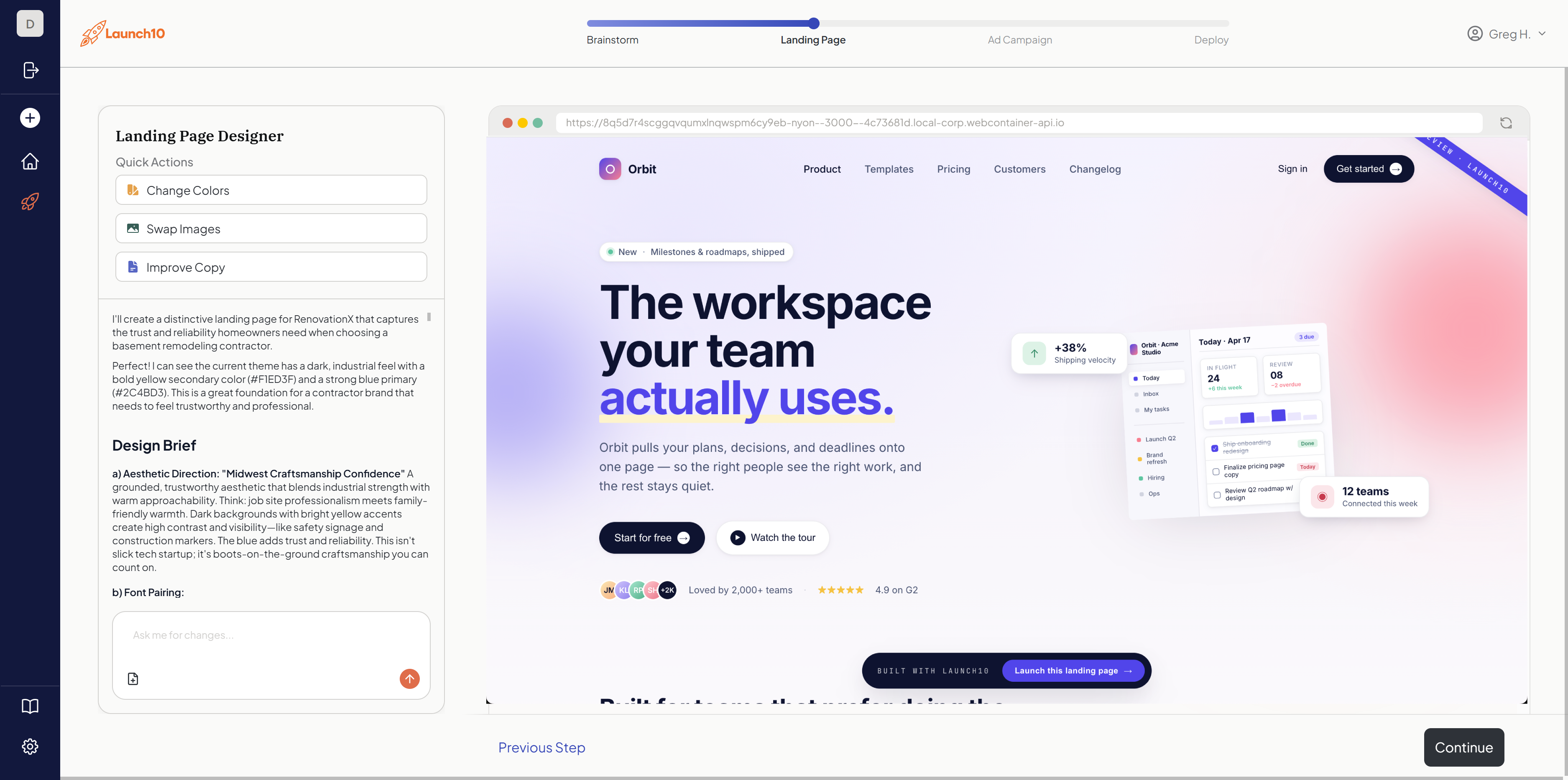 Launch10 page builder workspace showing landing page, Google Ads campaign, and CRM in one unified view
