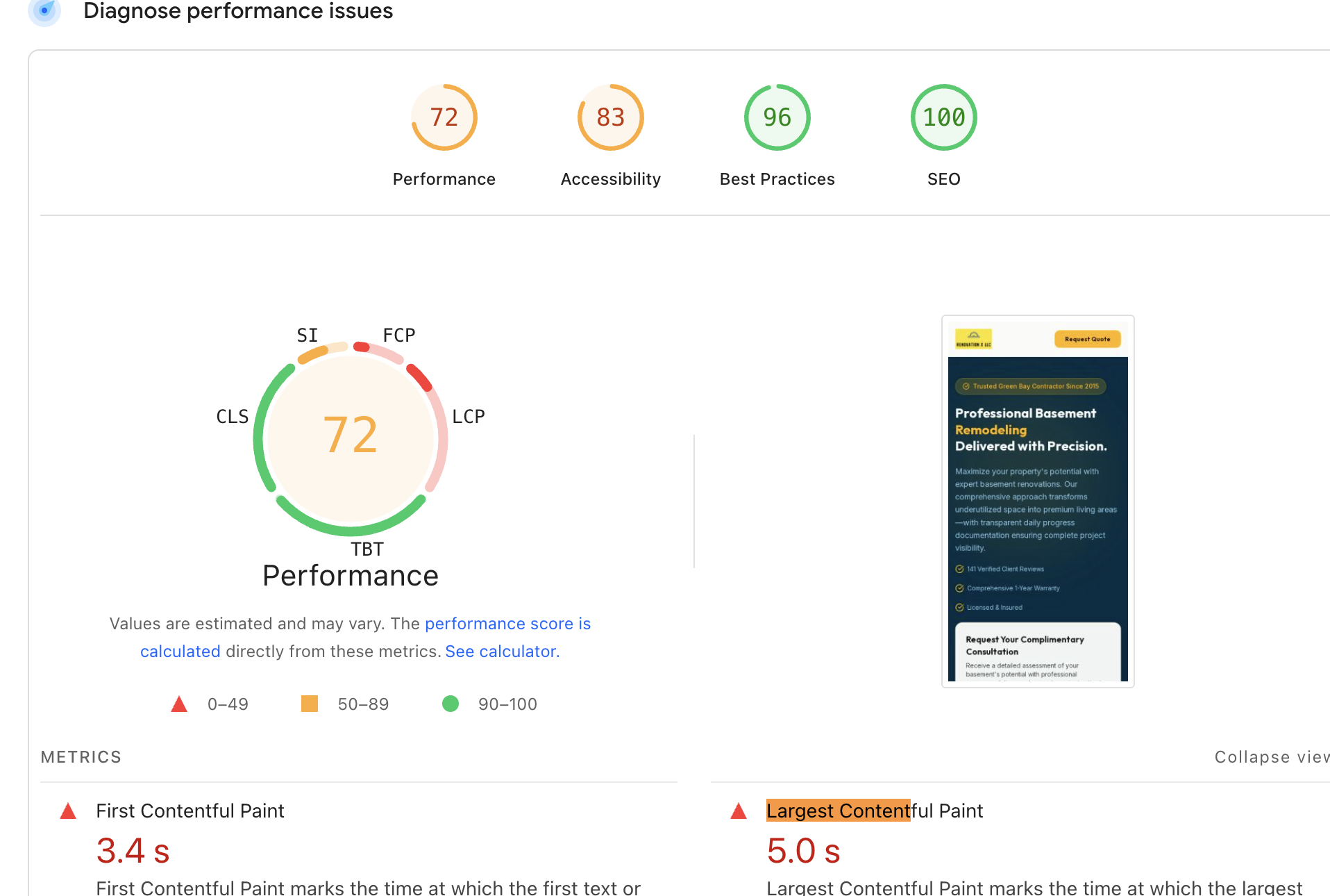 Launch10 mobile PageSpeed Insights showing a performance score of 72 before the LCP fix