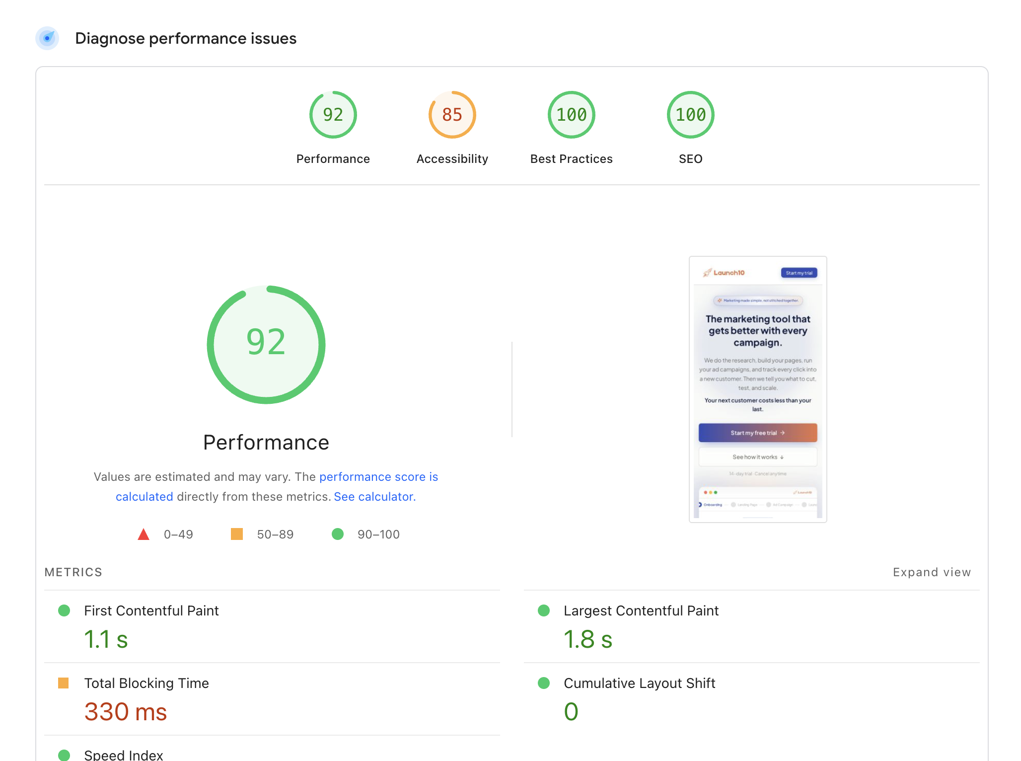 Launch10 mobile PageSpeed Insights showing a performance score of 92 after the LCP fix