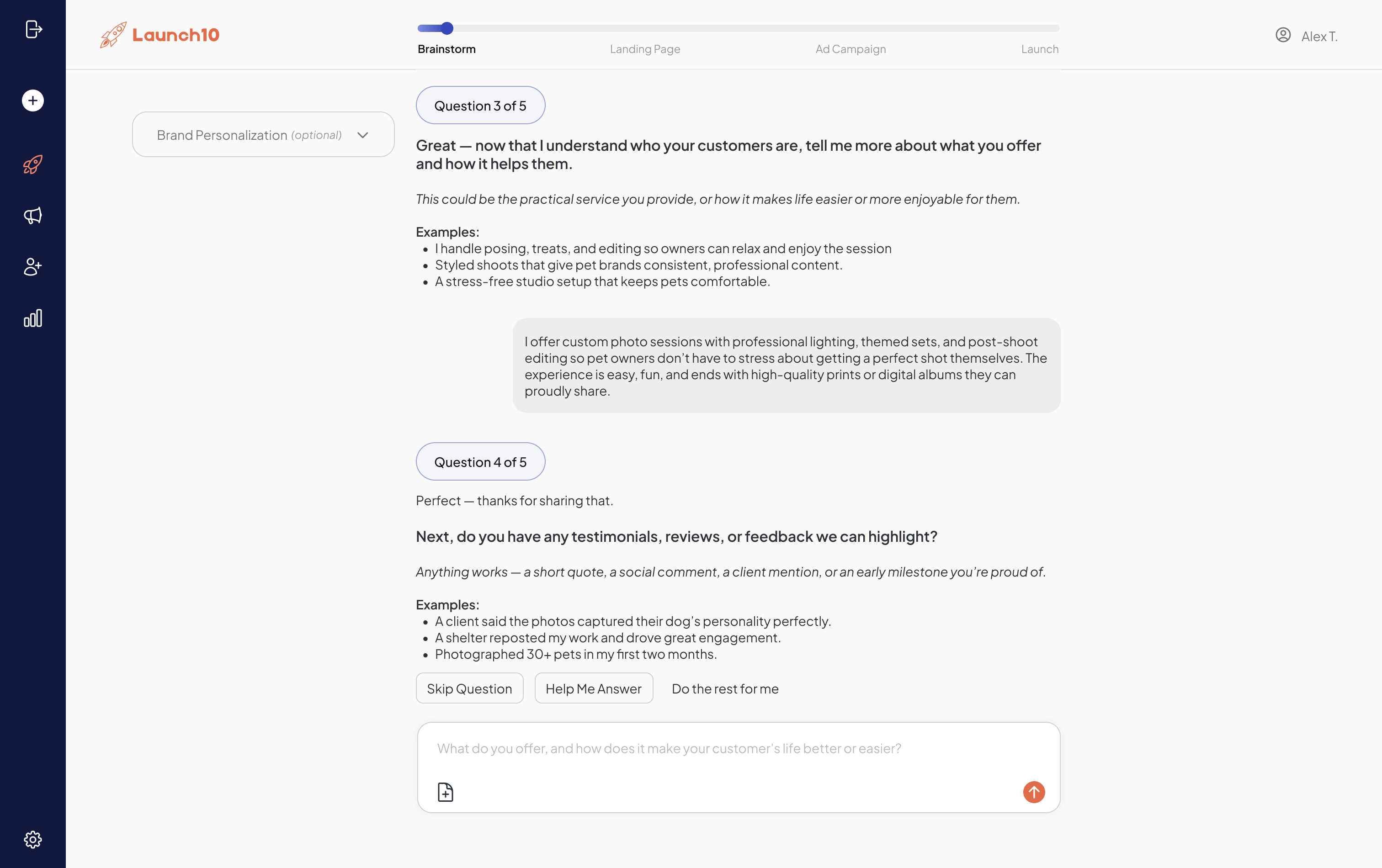 Launch10 onboarding chat showing Question 3 of 5, asking what the business offers in a conversational interface