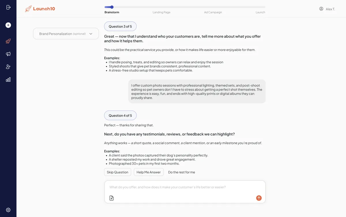 Launch10 brainstorm flow asking about your business and customers