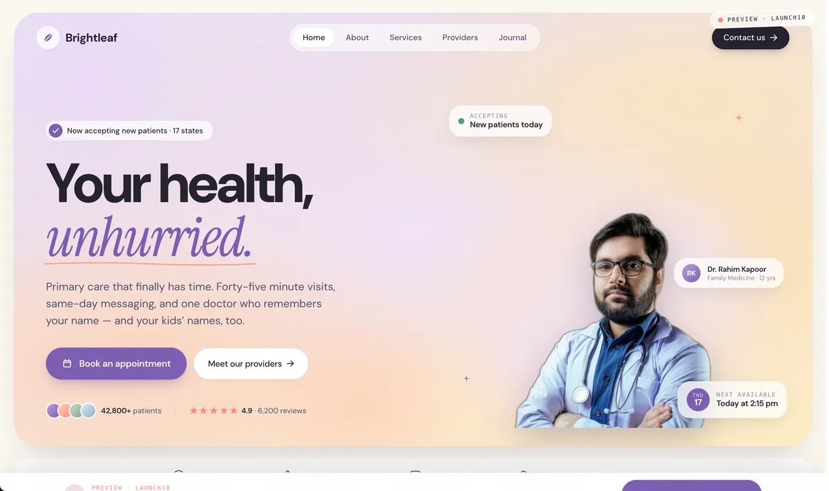 Launch10 landing page for Brightleaf — Healthcare, Seattle, WA