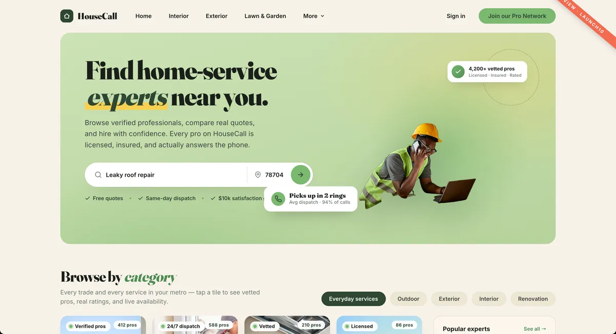 Launch10 landing page for Housecall — Home Services, Milwaukee, WI