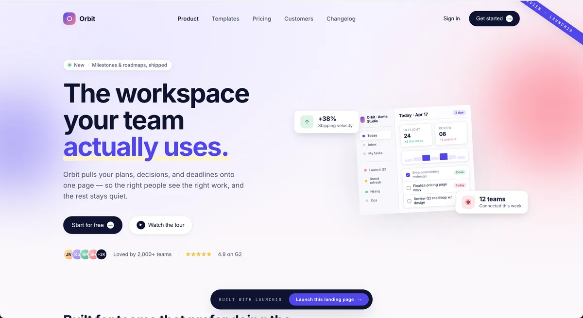 Launch10 landing page for Orbit — Workspace Tool, New York, NY