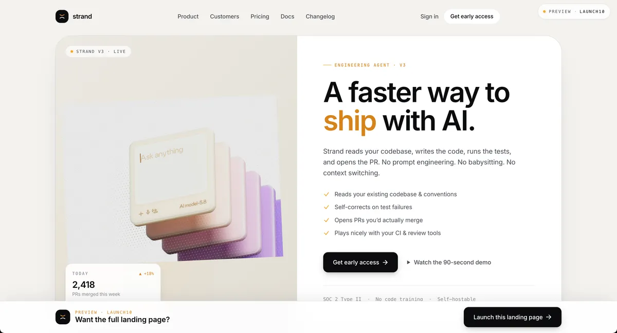 Launch10 landing page for Strand — B2B SaaS, Austin, TX