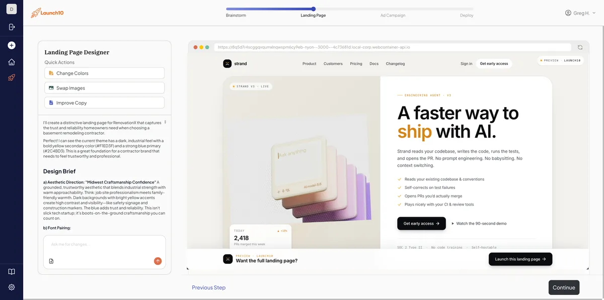 Launch10 landing page builder generating an AI startup landing page with headline, subhead, and signup form