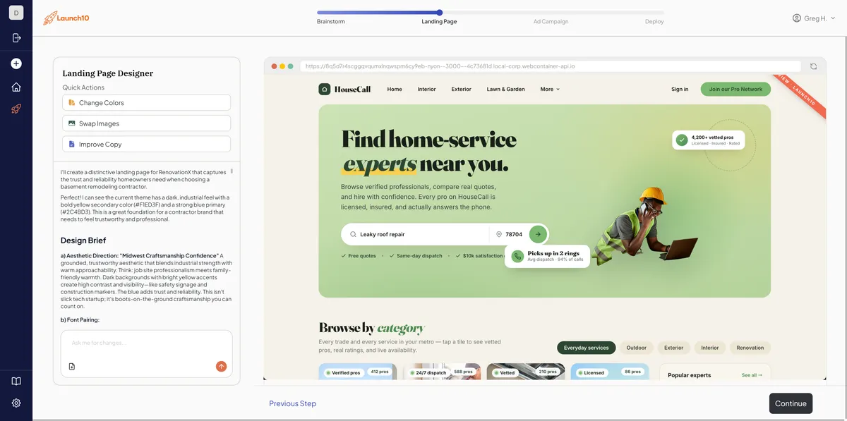 Launch10 landing page builder generating a home services landing page with headline, offer, and lead form